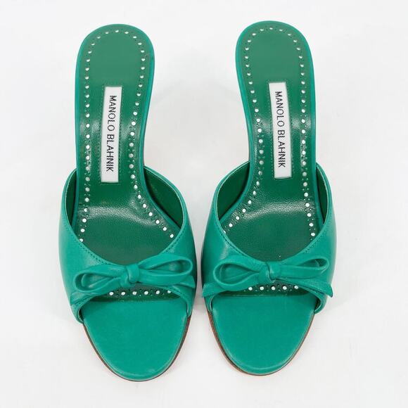Manolo Blahnik Green Leather Pertinanu Bow Detail Kitten Heel Mules IT 36.5 - Picture 5 of 11